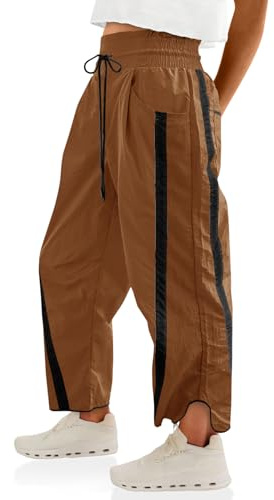 Fisoew Women's Baggy Wide Leg Pants Casual Drawstring Elastic Waisted Contrast Color Workout Y2K Track Pants Camel