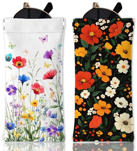GLOBLELAND 2Pcs Colorful Wildflowers Soft Glasses Case Butterfly and Plants Bushes Travel PU Leather Glasses Bag Portable Squeeze Top Eyeglass Case Pouch for Watches Phones Makeup Brushes