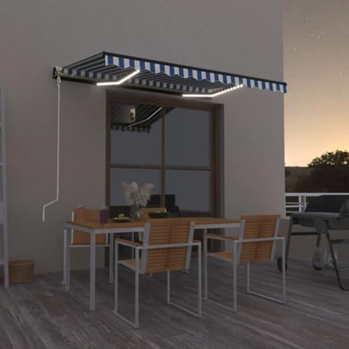 IKAYAA Elektrische Gelenkarmmarkise 400 x 300 cm, mit LED, Markise, Sonnenmarkise, Sonnenschutz, Terrassenmarkise, Klemmmarkise, Blau und weiß