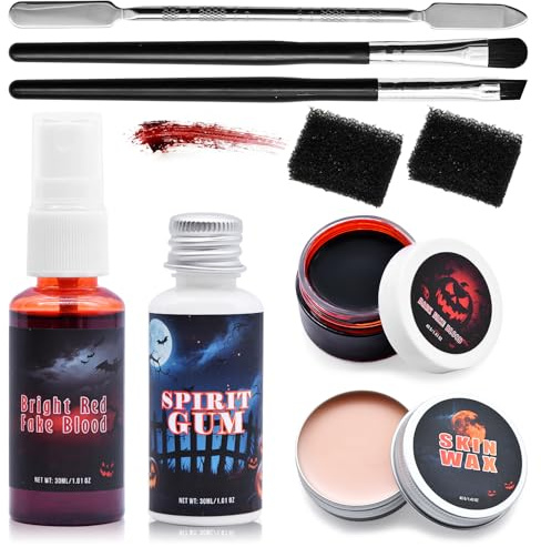 7 Piece Halloween SFX Makeup Kit with Fake Blood Gel, Scar Wax, Liquid Latex, Makeup Brushes, Sponge, Spatula Tool – Special Effects Wound Makeup for Halloween Cosplay Fancy Dress Party
