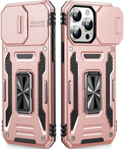 OLHAOMAO Cover per iPhone 15 Pro con Support À 360°,[Anello Magnetico Cavalletto][Copertura Fotocamera Scorrevole] Caso di Protezione delle lenti Militare per iPhone 15 Pro, 6,1,Rosa