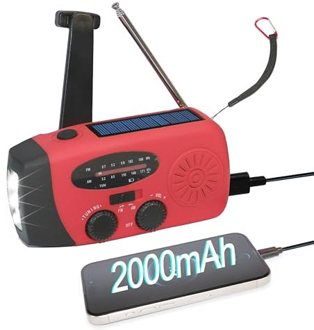 2000mAh Wind Up Solar Radio, Emergency Portable Hand Crank Weather Radio, Rechargeable Power Bank, 2 mode LED torch with SOS Alarm LED Flashlight, USB Phone Charger, for emergencies, camping (red)
