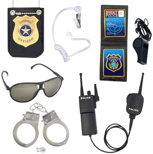 SKJJM Polizei Zubehör Set, 8 Stück Handschellen Kinder Polizist Handschellen Abzeichen, Kinder Polizei Set, Polizist Handschellen Sonnenbrille Abzeichen Detective Cop Swat Rollenspiel Zubehör