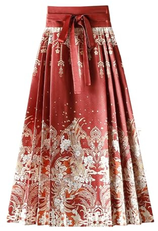 FQLGJMY Donna Cavallo Faccia Gonna Piegato Cravatta A-Linea Lunga Stampa Gonna Tradizionale Cinese Costume Hanfu