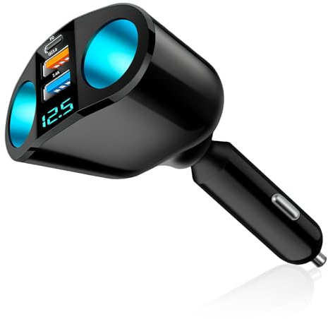 Double Prise Allume Cigare 12V Répartiteur Chargeur Voiture USB Adaptateur Allume-Cigare 2 Prises 120W QC3.0/PD Charge Rapide avec Voltmètre LED pour Téléphone GPS Tablette Caméra Dash