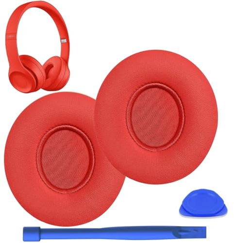 Replacement Ear Pads for beats solo 2/3 Wireless/Wired Headphone, Memory Foam Ear Cushion Pads，Noise Isolation Foam Durable Leather (Red)