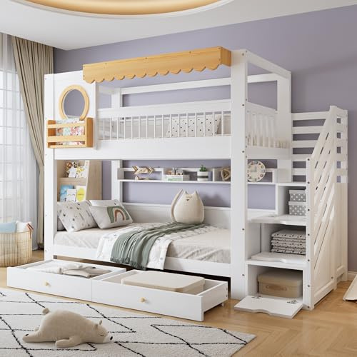 Moimhear Lettino a castello, letto per bambini, 2 cassetti con ruote, con armadietto per scale, ripiano laterale, in pino+MDF (bianco+naturale, 90 x 200 cm)