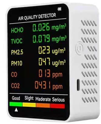 Générique Détecteur de gaz, détecteur de qualité de l'air Portable Multifonctionnel 6 en 1, détecteur de CO2 intérieur, testeur de formaldéhyde HCHO TVOC, Compteur d'alarme de température(White)