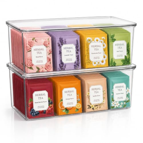 Clear Acrylic Teabag Storage with Lid 2 Pack Offee Pod Holder Organizer | Tea Bag Storage 2 Pack Tea Organiser Stackable Tea Bag Drawer Organizer for Teabag Sugar Coffee Pods Sweeteners