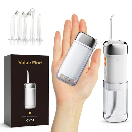 Munddusche IPX7, 250 ml Tank, 5 Düsen, USB-C, 4 Leistungsmodi 35–140 PSI mit Speicherfunktion, 45 Tage Akkulaufzeit, professionelle Zahnreinigung, kompaktes Design ideal für Reisen