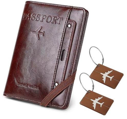 SparkleJoy Leder Reisepasshülle mit RFID-Blocker und Legierungen Kofferanhänger Set,Passport Hülle, Passport Cover,Ausweismappe，Reisezubehör，Urlaub Must Haves,für Travel Essentials (Braun)