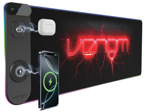 Venom LED Gaming Desk Surface with Wireless Charging | USB-C & USB-A Ports | 800 x 300 mm Extended Mouse Mat