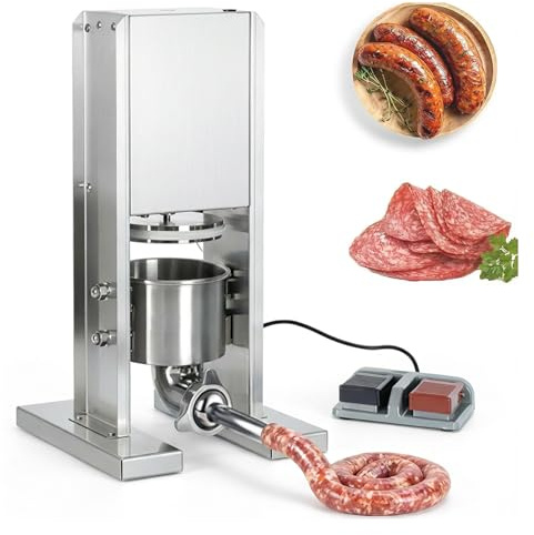 FahQuintuple Electric Sausage Stuffer, 2L Stainless Steel Heavy Duty Sausage Stuffer Machine, Vertical Meat Filler with Foot Pedal, Sausage Maker with 3 Stuffing Tubes