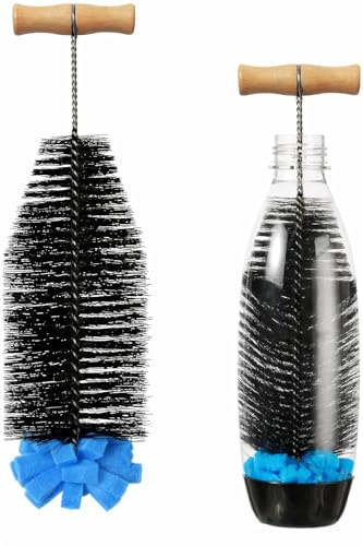 33cm Flaschenbürste – Flexible Bürste mit Langem Griff und 90° Abgewinkeltem Holzgriff, Reinigt Flaschen mit Schmalem Hals, Ideal für Sodastream-Glas, Kunststoffflaschen, 3 in 1 Borsten Schwamm Design