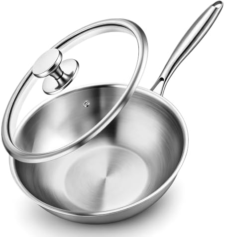 Fushabana 28cm Stainless Steel Wok with Lid Non Stick No Coating, 304 Food Grade Stir Fry Pan with Glass Lid, Induction Compatible Pans Gas Electric Ceramic, Dishwasher Safe Wok Pan