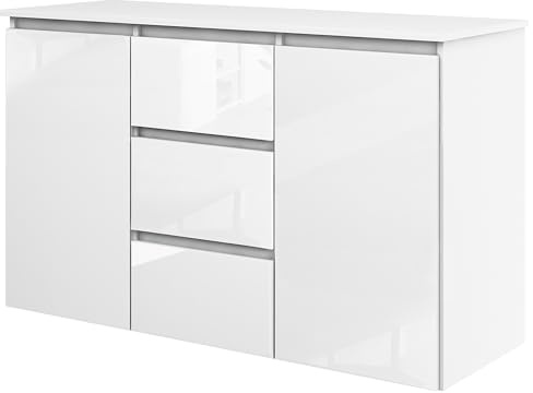 MEBLE GRZYBEK Kommode 120 cm Breit mit 3 Schubladen - Modernes Sideboard - Kommodenschrank für Wohnzimmer, Flur, Schlafzimmer - Highboard Hochglanz Weiß