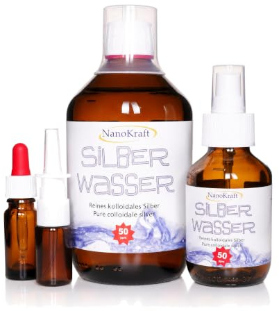 NanoKraft - Kolloidales Silber 500ml mit 50ppm - hochdosiertes Silberwasser - reine Silber Lösung Laborgeprüft - inkl. Sprühflasche Nasensprayflasche Pipettenflasche Messbecher + E-Book zum Download
