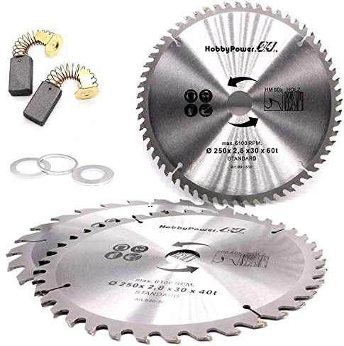 3 Kreissägeblätter Sägeblatt Hartmetall für Holz 250 x 30mm 24, 40 und 60 Z Zähne + 3 Reduzierringe auf 24,4mm, 20mm und 16mm + Kohlebürsten für Güde Tischkreissäge TK2500 TK2400