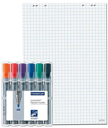 Herlitz 10834141 Flipchartblock, 68x99cm (kariert/gelocht), 5 Blöcke (20 Blatt je Block) (5 Flipchartblöcke + 6er Marker Set)