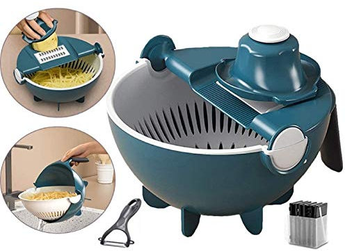 SFXFJ Affettatrice di Verdure Multifunzione 12 in 1 con Cestello di Drenaggio, Rotativa Julienne Grattugia, Utensile da Cucina Affettare Frutta e Verdure, Vegetable Cutter, Blu