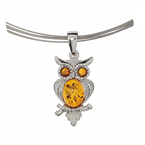 Artisana-Schmuck Bernstein Anhänger Eule (ohne Kette), gefasst in 925/000 Sterling Silber rhodiniert