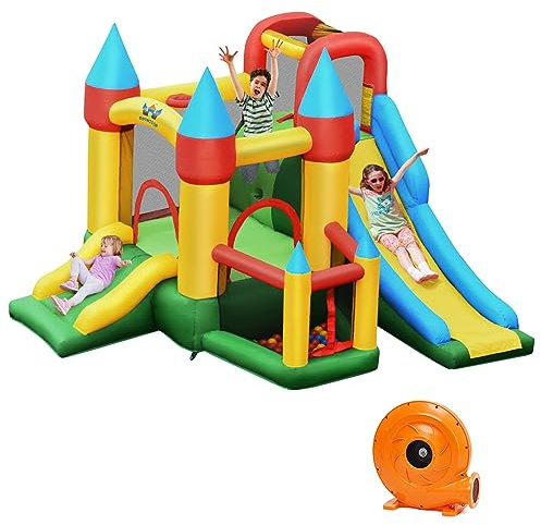COSTWAY Castello Gonfiabile per Bambini, con 2 Scivoli, Include Piscina con Palline e Borsa di Trasporto, 3-10 Anni, con Compressore 780 W