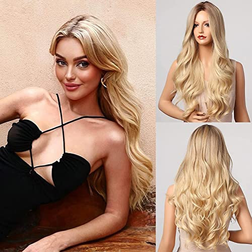 Honygebia - Parrucca bionda ombré con frangia, da donna, ondulata, capelli sintetici realistici, resistenti al calore, adatta per carnevale, cosplay e feste a tema