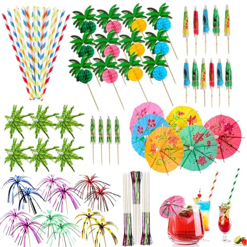 120 PCS Cocktail Accessories for Drinks Reusable Party Decorations | HXC Cocktail Decorations Supplies with Cocktail Umbrellas Straws Sparklers Sticks Bar Accessories for Food Drink Summer Party