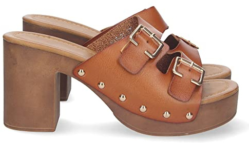 shoes&blues.es Sandalia de Tacon para Mujer, Comodo, Material de Imitacion a Madera, Palas con Hebillas, y Remaches, Talon Abierto