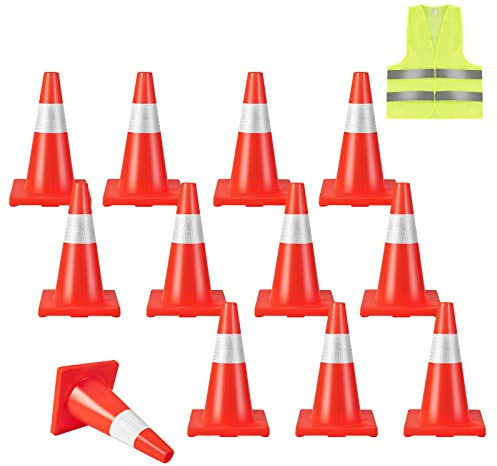 COSTWAY Lot de 12 Cônes de Signalisation Réfléchissant en PVC Hauteur 43cm avec Gilet Jaune, Cône de Sécurité Marqueur Attention Sécurité Multi-usages, Orange + Argenté, 28 x 28 x 43cm