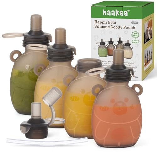 haakaa Happii Bear Silikon-Beutel, wiederverwendbare Babynahrungsbeutel für hausgemachte Bio-Pürees, Säfte, Smoothies und Joghurt, 1 Stück, 170 ml (6 Ounce, Packung, 4)