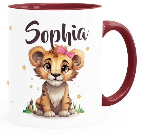SpecialMe® Kinder-Tasse Motiv Baby Löwin Name personalisierte Namenstasse für Mädchen mit Tiermotiv Weiss-innen-bordeauxrot standard