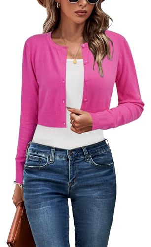 Newshows Cardigan Sweaters for Women 2026 Fashion Trendy Hot Pink Crew Neck Button Down Lightweight Knit Bolero Shrug Sweaters(Rose Red, Large)