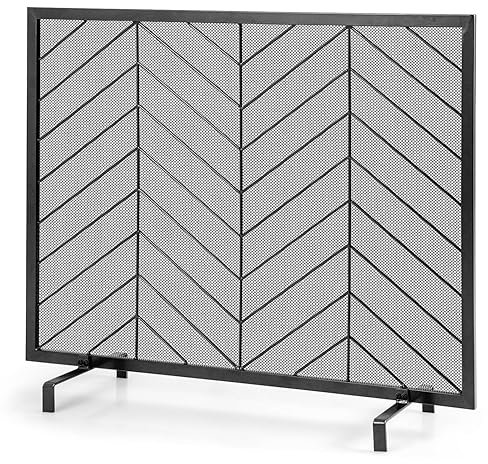 TANGZON Fireplace Screen, Large Metal Mesh Spark Guard with Stand, Freestanding Wrought Iron Fire Place Panels for Indoor Outdoor Firing Stoves & Grills (Perpendicular Base, Black, 98 x 22 x 80cm)