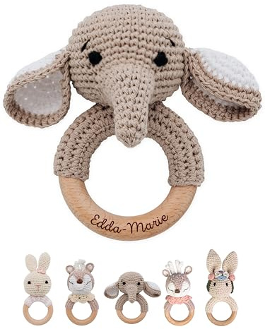 wunderwunsch® - Personalisierter Beißring Baby - Niedlicher Greifling für Baby's ab 0 Monate - Babyrassel mit Name als Baby Geschenk für Mädchen und Jungen (Elefant,mit Gravur)