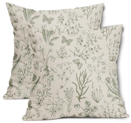 Spring Sage Green Floral Pillow Covers 18x18 Inch Vintage Wild Flower Herbs Plant Butterfly Decorative Pillow Cases Botanical Farmhouse Cushion Covers Home Decor For Sofa Couch Outdoor Set of 2