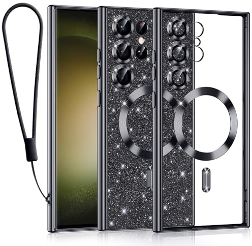 Kokio für Samsung Galaxy S23 Ultra 5G Hülle Mit Glitzer Karte,[Kompatibel mit MagSafe],Mit 1*Handykette,Kamera Objektivschutz,Samsung S23 Ultra 5G 6.8 Handyhülle für Frauen Mädchen,Schwarz
