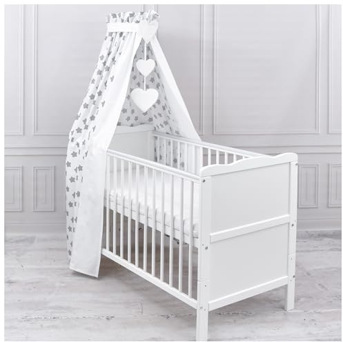 Generisch Baby Delux Babybett Himmel Betthimmel Baumwolle Baldachin für Babybett Kinderbett Wiege Stubenwagen Himmelstange Applikationen Herz Deko (Big Stars White, mit Himmelstange)