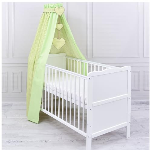 Generisch Baby Delux Babybett Himmel Betthimmel Baumwolle Baldachin für Babybett Kinderbett Wiege Stubenwagen Himmelstange Applikationen Herz Deko (Karro Grün, mit Himmelstange)