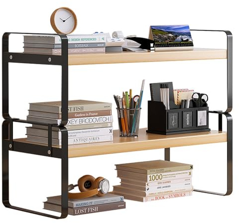Hggzeg Schreibtisch-Organizer, 2-stöckiges Holzregal, Mehrzweck-Aufbewahrungsregal für Zuhause, Büro oder Schule (schwarz+Log)