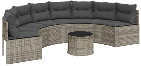 vidaXL Gartensofa mit Tisch und Kissen Halbrund Grau Poly Rattan