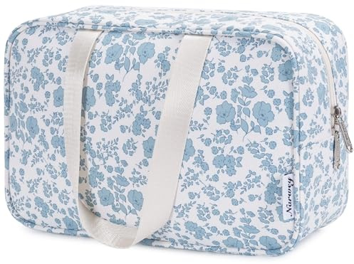 Volle Größe Kulturbeutel Große Kosmetiktasche Reise Make-up Taschen Organizer für Damen und Frauen(Kleine Blaue Blume)