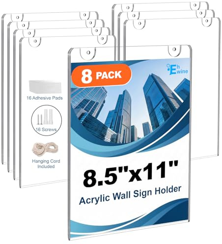 EHWINE 8 Pack 8.5x11 Wall Mount Acrylic Sign Holder, Acrylic Wall Sign Photo Menu Flyer Display Holder, Plastic Clear Picture Adhesive Frames for Business Store (Provide Mounting Screws)
