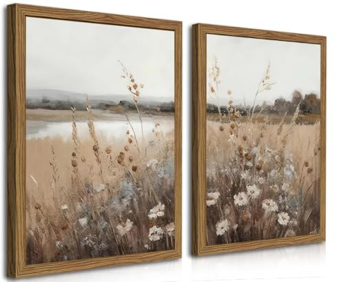 Wood Frame Vintage Wall Art Set of 2, Retro Farmhouse Wildflower Wall Decor Paintings Art Pictures, Country Floral Field Landscape Canvas Posters Prints for Bedroom Bathroom 12x16In Framed