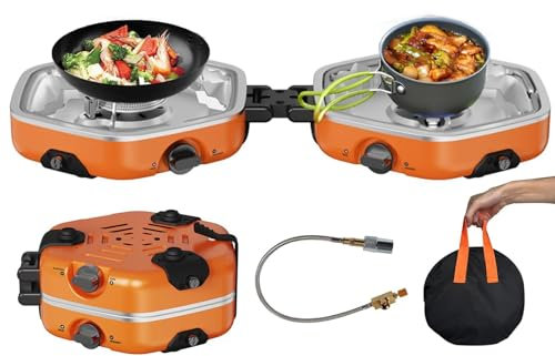 Foldable Gas Camping Stove,2 Burner Camping Stove Gas Portable,17000 BTU Camping Stove Gas Portable with Grill,Piezo Ignition,Gas Stove Camping for Camping,Emergency Cooking Stove