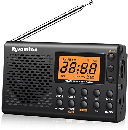 Rysamton Portable AM/FM/Shortwave Radio, Batteries Operated Pocket Radios, Large Digital Display, Clock Radio with Alarm and Sleep Function, Earphone Included