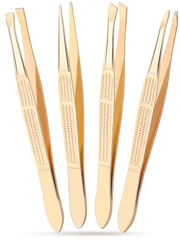Alyvisun 4Pcs Professional Tweezers for Facial Hair Women and Men, Portable Stainless Steel Eyebrow Tweezers Set, Precision Tweezers for Ingrown Hair (Golden), Gold