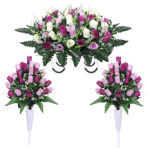 Lodou Artificial Cemetery Flower Saddles for Graves, Cemetery Memorial Flowers with Vase and 2 Memorial Bouquets for Grave Tombstone,Outdoor Grave Saddle Headstone Decorations (Purple White)
