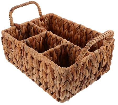 Cabilock Woven Cutlery Storage Basket Silverware Organizer Household Woven Container Natural Fiber Four-compartment Kitchen Tabletop Sundry Organizer