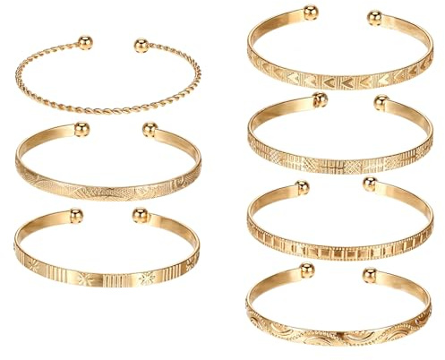 Aeaocvo 7 PCS Open Gold Bracelet Stack, Adjustable Bangle for Women Gold Bangles Stack for Women Multi Layer Stackable Cuff Bracelet Set